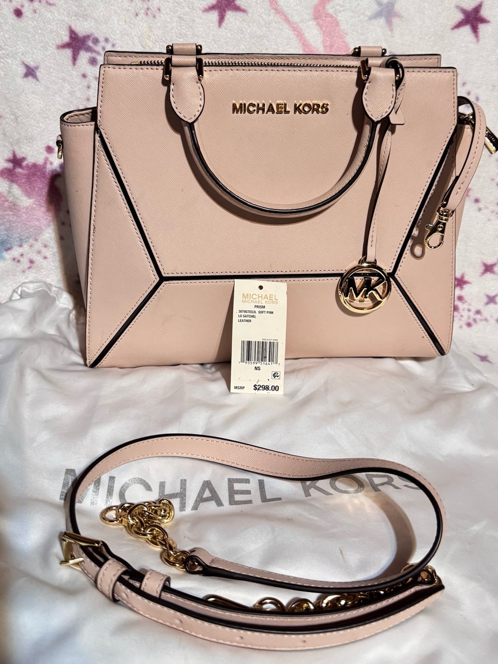 Michael Kors Soft Pink Saffiano Leather Large Prism Satchel Bag Gold Hardware